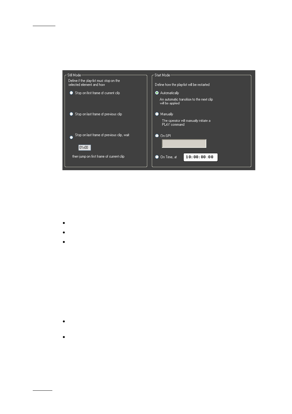 Default start mode parameters for transitions, Still mode, Start mode | EVS IPDirector Version 4.4 - March 2008 Part 3 User's Manual User Manual | Page 171 / 188
