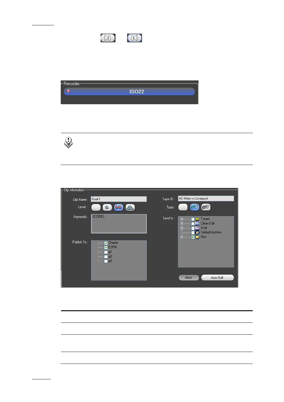 Recorder bar, Clip information fields | EVS IPDirector Version 4.4 - March 2008 Part 3 User's Manual User Manual | Page 29 / 188