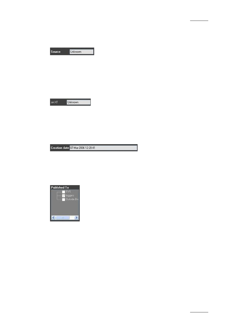 4 source field, 5 on xt field, 6 creation date | 7 published to check boxes | EVS IPDirector Version 4.4 - March 2008 Part 3 User's Manual User Manual | Page 66 / 188