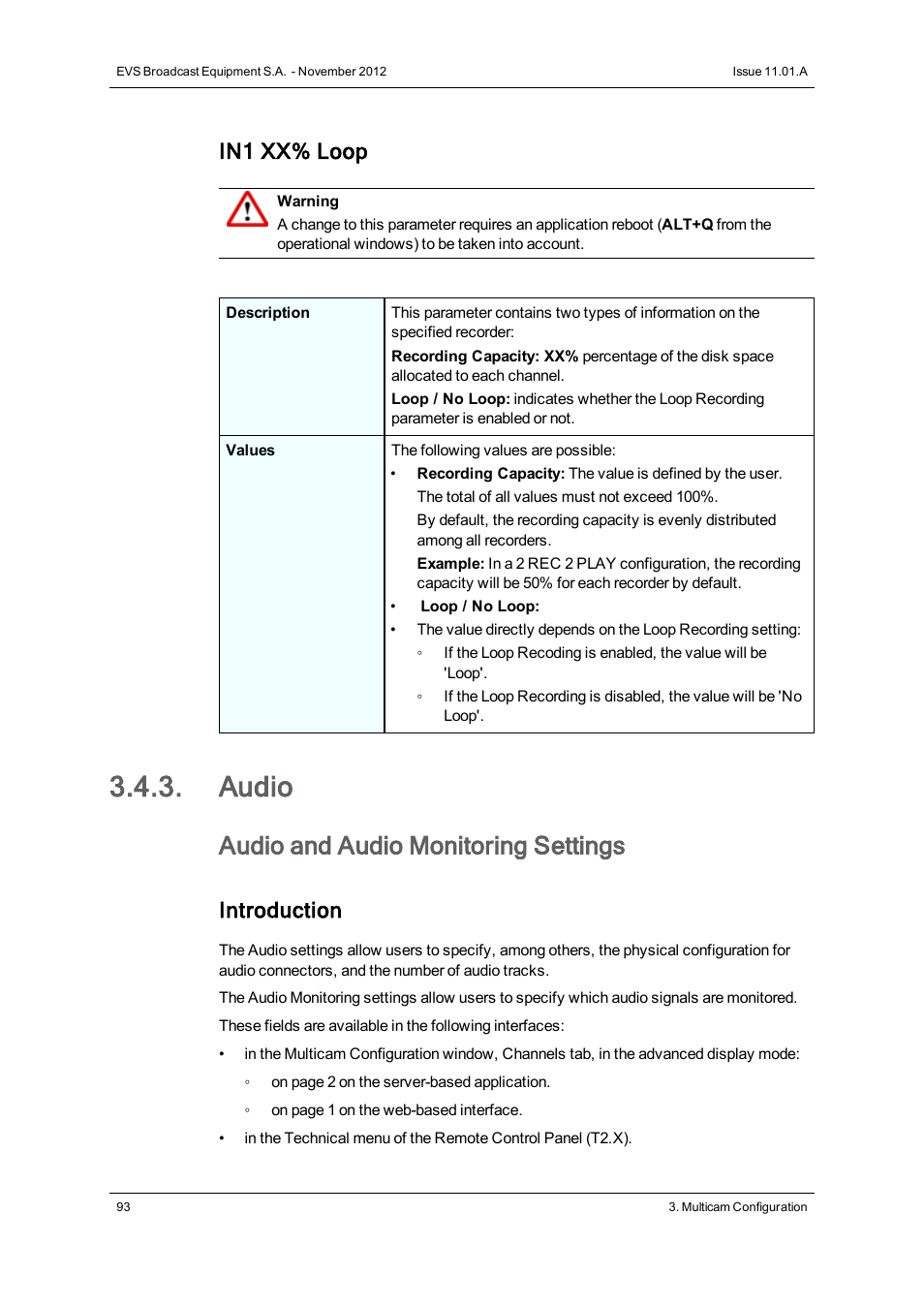 Audio, Audio settings, Audio and audio monitoring settings | In1 xx% loop, Introduction | EVS XTnano Version 11.01 - November 2012 Configuration Manual User Manual | Page 103 / 182