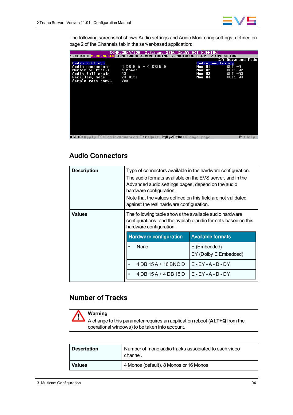 Audio connectors, Number of tracks | EVS XTnano Version 11.01 - November 2012 Configuration Manual User Manual | Page 104 / 182