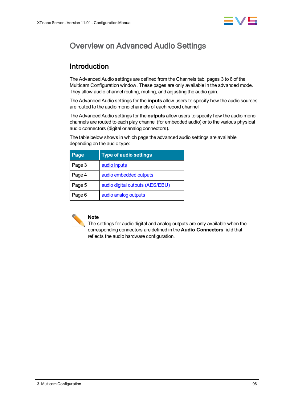 Advanced audio settings, Overview on advanced audio settings, Introduction | EVS XTnano Version 11.01 - November 2012 Configuration Manual User Manual | Page 106 / 182