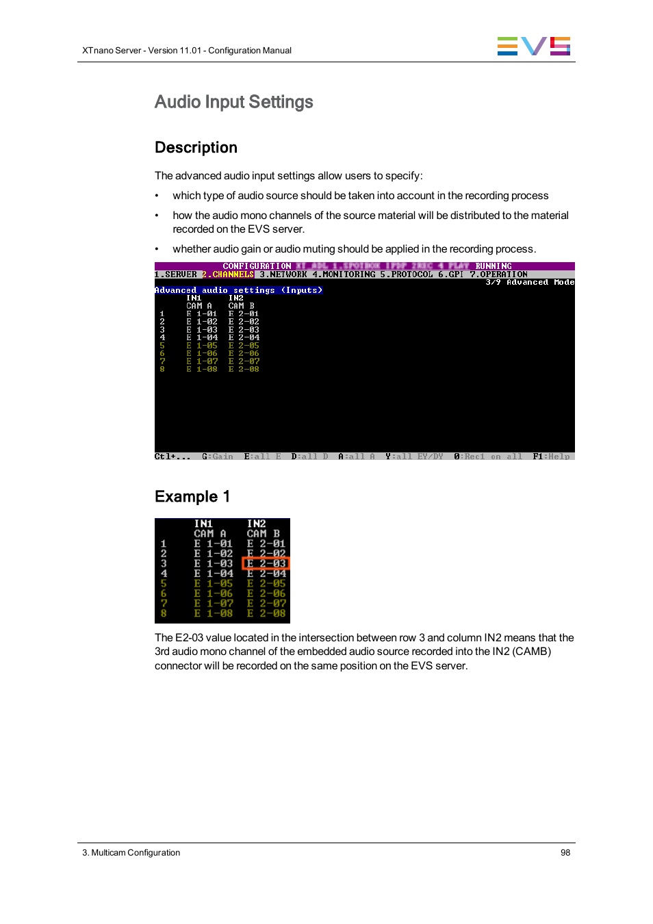 Audio inputs, Audio input settings, Description | Example 1 | EVS XTnano Version 11.01 - November 2012 Configuration Manual User Manual | Page 108 / 182