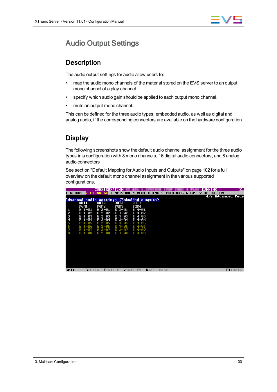 Audio embedded outputs, Audio digital outputs (aes/ebu), Audio analog outputs | Audio output settings, Description, Display | EVS XTnano Version 11.01 - November 2012 Configuration Manual User Manual | Page 110 / 182