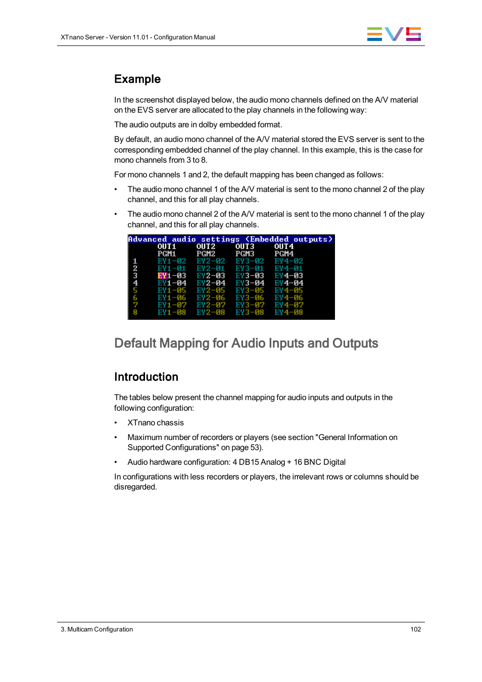 Default mapping for audio inputs and outputs, Example, Introduction | EVS XTnano Version 11.01 - November 2012 Configuration Manual User Manual | Page 112 / 182