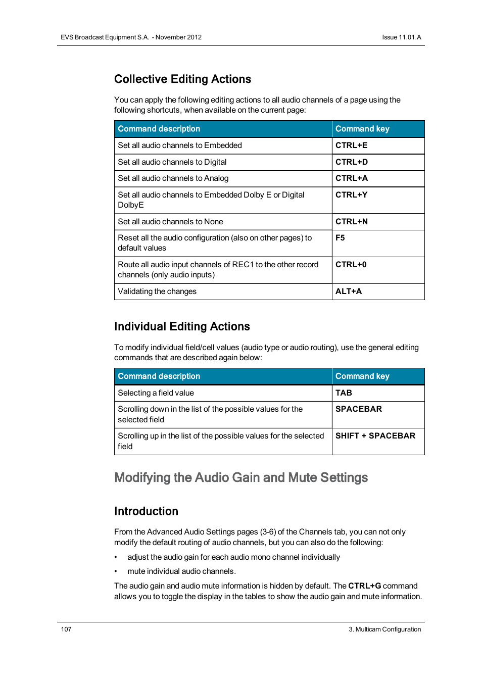 Modifying the audio gain and mute settings, Collective editing actions, Individual editing actions | Introduction | EVS XTnano Version 11.01 - November 2012 Configuration Manual User Manual | Page 117 / 182