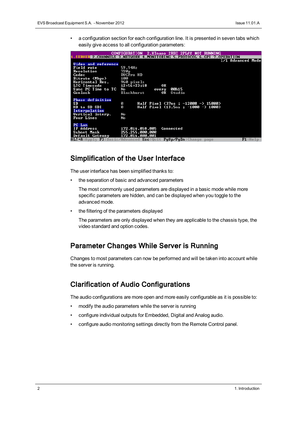 Simplification of the user interface, Parameter changes while server is running, Clarification of audio configurations | EVS XTnano Version 11.01 - November 2012 Configuration Manual User Manual | Page 12 / 182