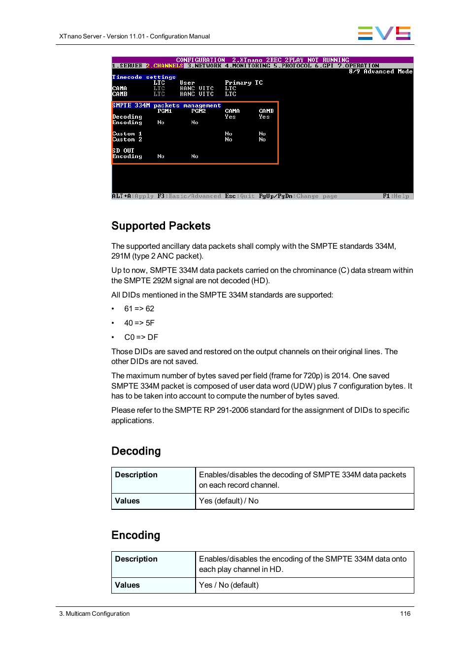 Supported packets, Decoding, Encoding | EVS XTnano Version 11.01 - November 2012 Configuration Manual User Manual | Page 126 / 182