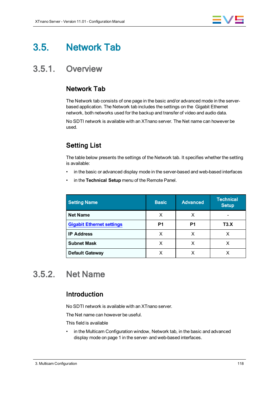 Network tab, Overview, Net name | Network settings, Setting list, Introduction | EVS XTnano Version 11.01 - November 2012 Configuration Manual User Manual | Page 128 / 182