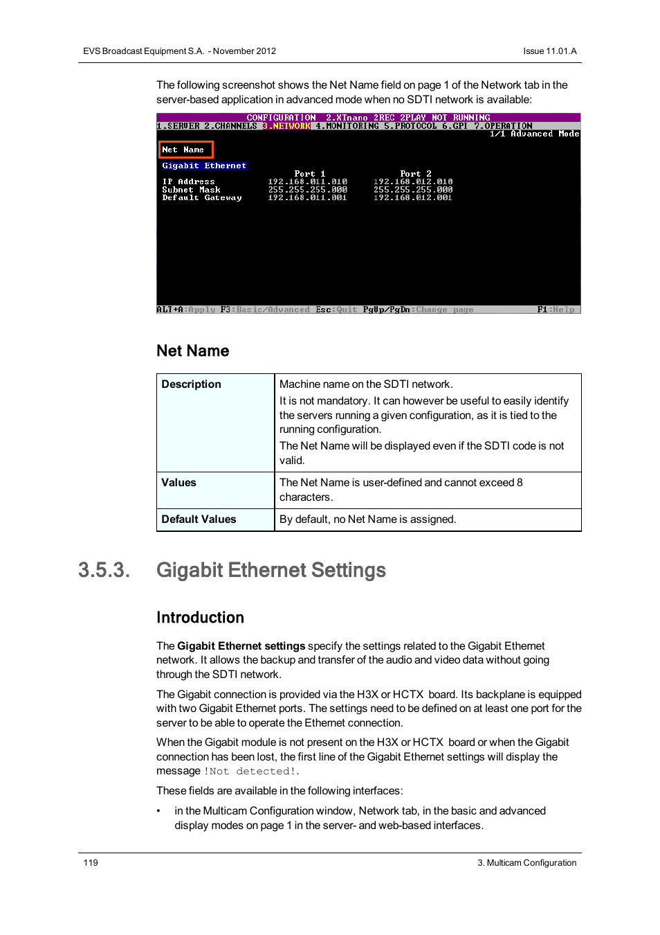Gigabit ethernet settings, Net name, Introduction | EVS XTnano Version 11.01 - November 2012 Configuration Manual User Manual | Page 129 / 182