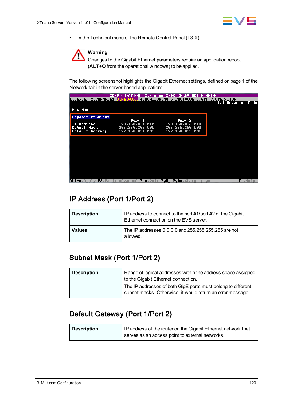 Ip address (port 1/port 2), Subnet mask (port 1/port 2), Default gateway (port 1/port 2) | EVS XTnano Version 11.01 - November 2012 Configuration Manual User Manual | Page 130 / 182