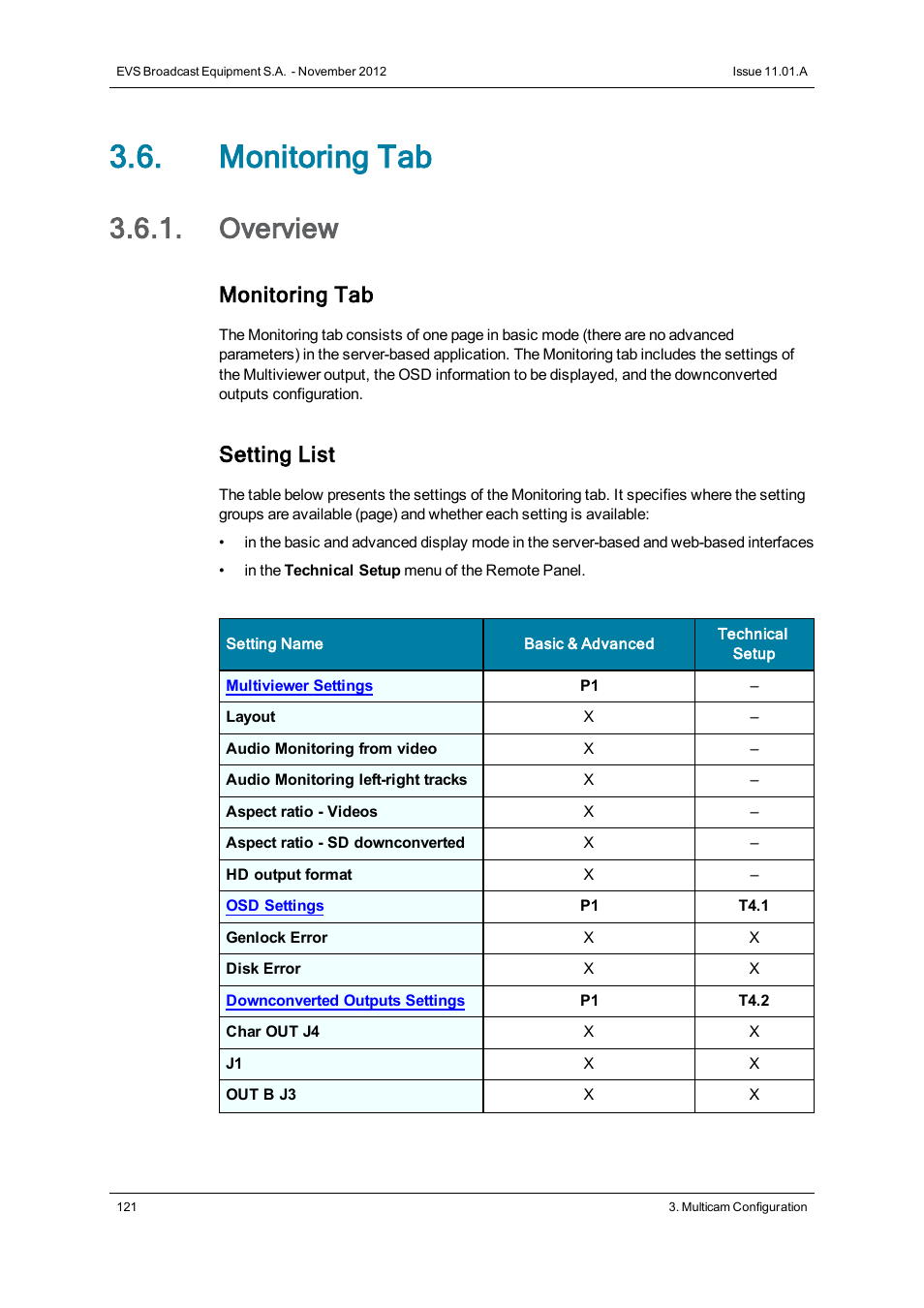 Monitoring tab, Overview, Monitoring settings | Setting list | EVS XTnano Version 11.01 - November 2012 Configuration Manual User Manual | Page 131 / 182