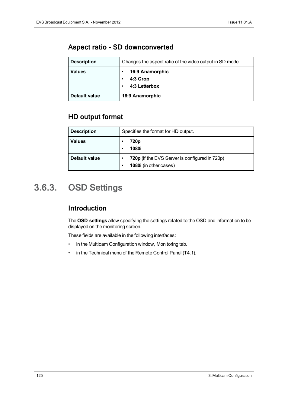 Osd settings, Aspect ratio - sd downconverted, Hd output format | Introduction | EVS XTnano Version 11.01 - November 2012 Configuration Manual User Manual | Page 135 / 182