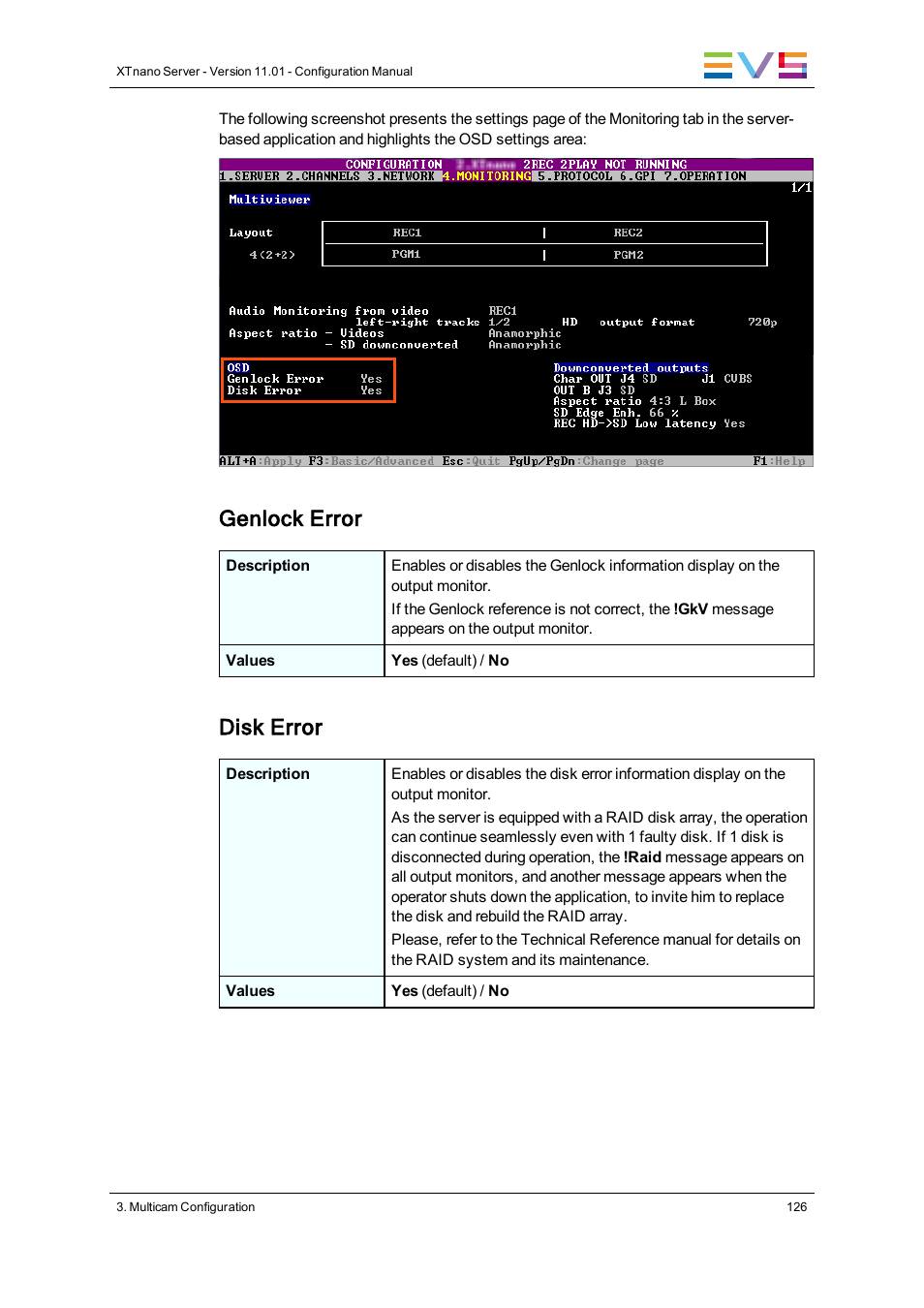 Genlock error, Disk error | EVS XTnano Version 11.01 - November 2012 Configuration Manual User Manual | Page 136 / 182