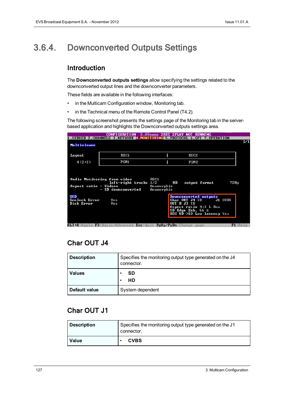 Downconverted outputs settings, Introduction, Char out j4 | Char out j1 | EVS XTnano Version 11.01 - November 2012 Configuration Manual User Manual | Page 137 / 182