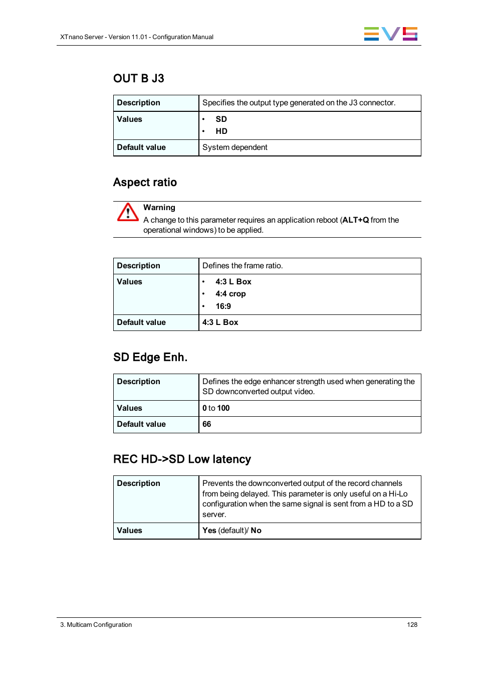 Out b j3, Aspect ratio, Sd edge enh | Rec hd->sd low latency | EVS XTnano Version 11.01 - November 2012 Configuration Manual User Manual | Page 138 / 182