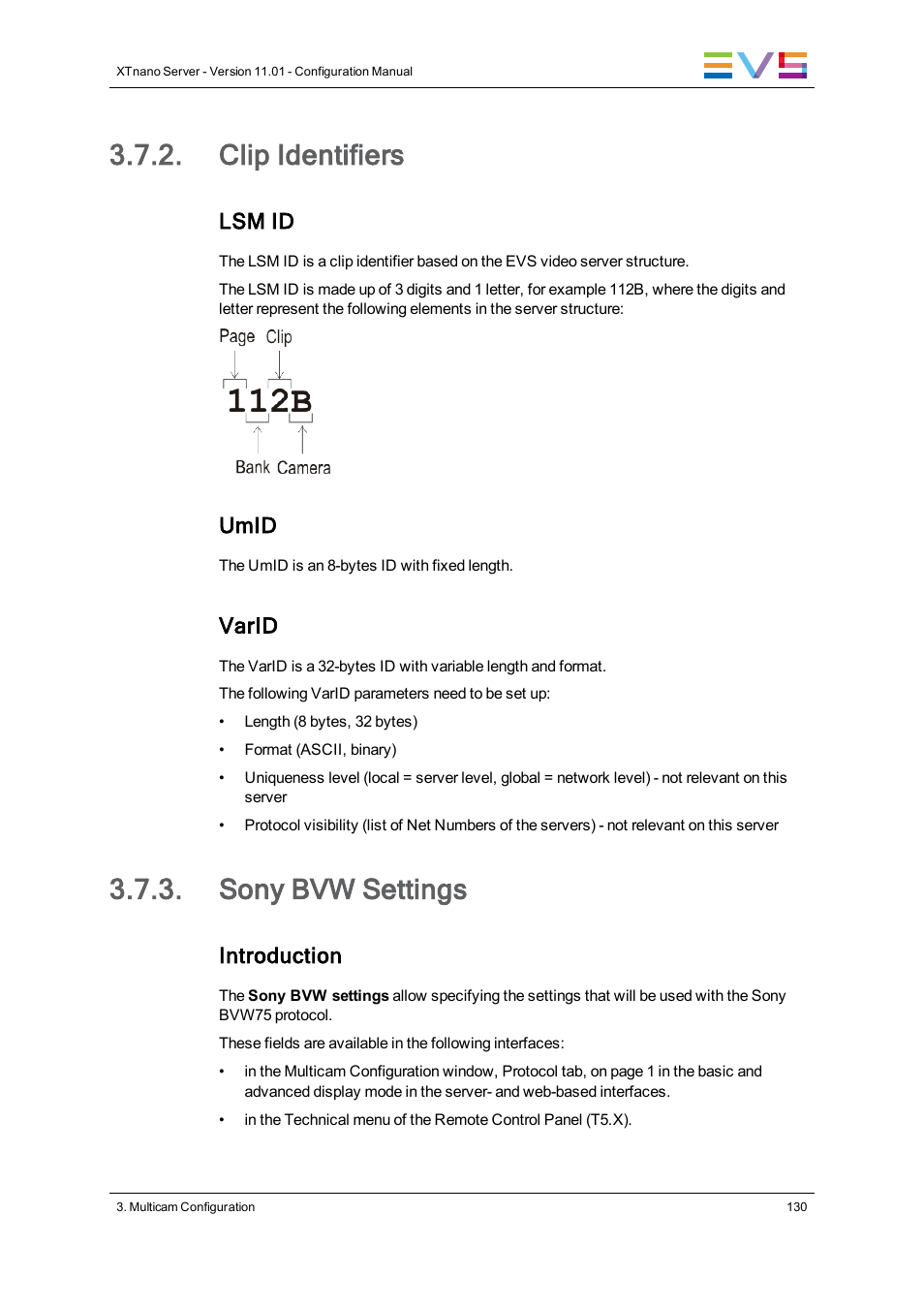 Clip identifiers, Sony bvw settings, Lsm id | Umid, Varid, Introduction | EVS XTnano Version 11.01 - November 2012 Configuration Manual User Manual | Page 140 / 182