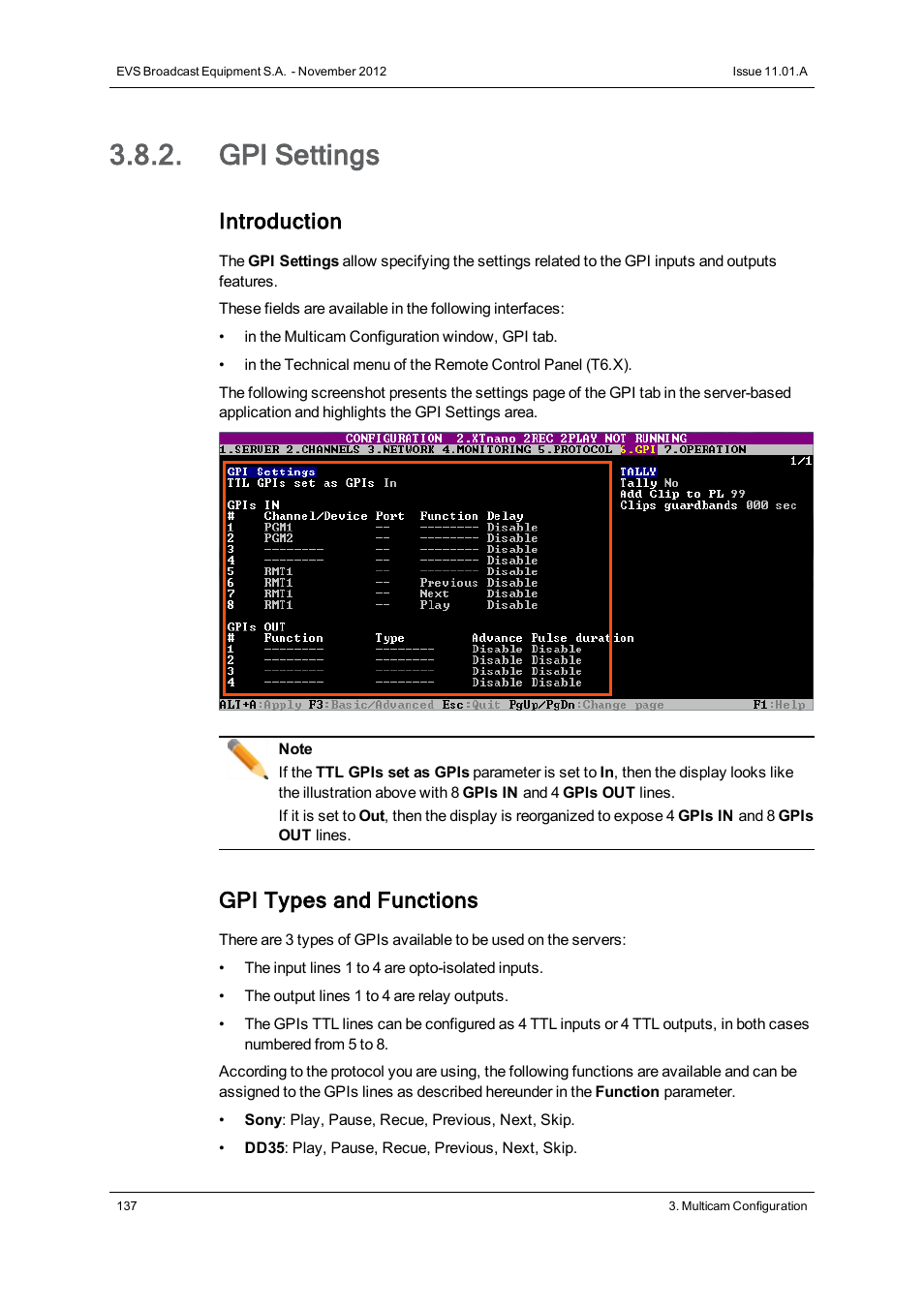 Gpi settings, Introduction, Gpi types and functions | EVS XTnano Version 11.01 - November 2012 Configuration Manual User Manual | Page 147 / 182