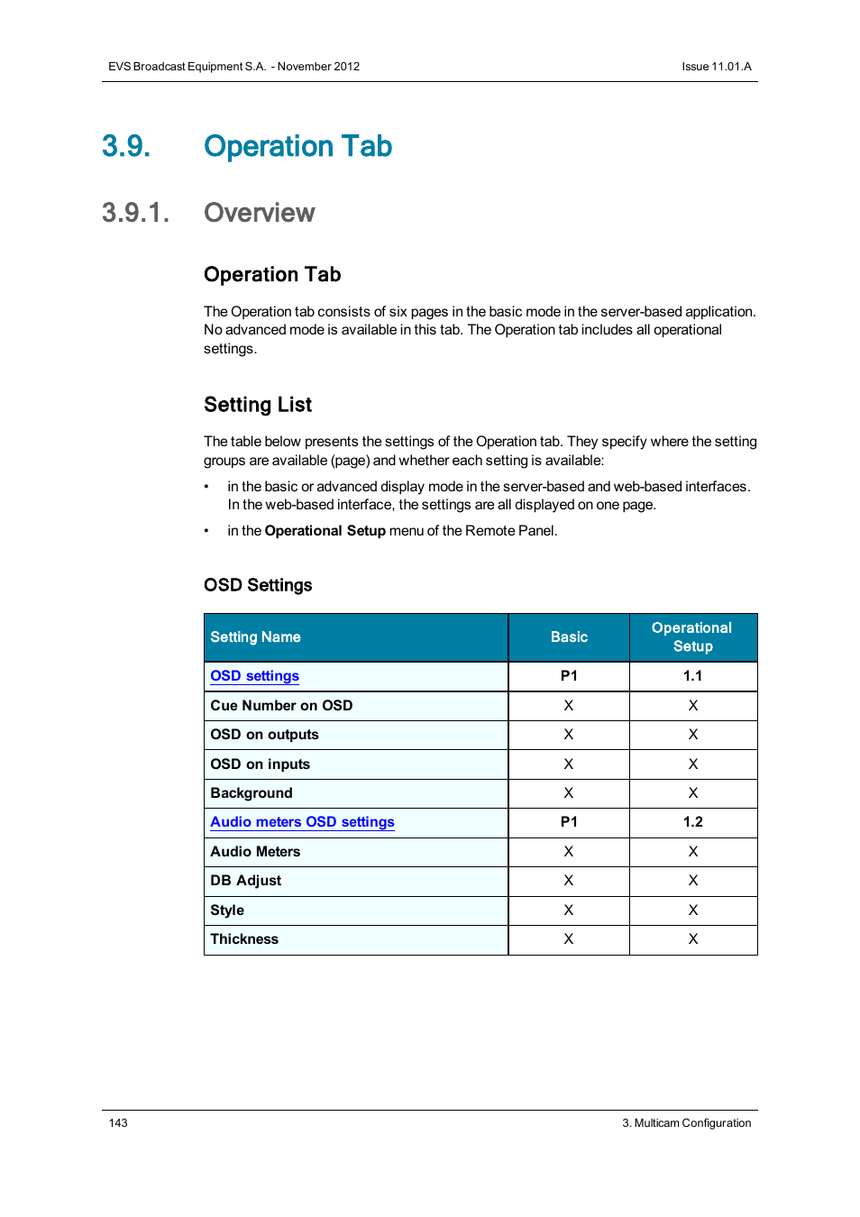 Operation tab, Overview, Operations settings | Setting list | EVS XTnano Version 11.01 - November 2012 Configuration Manual User Manual | Page 153 / 182