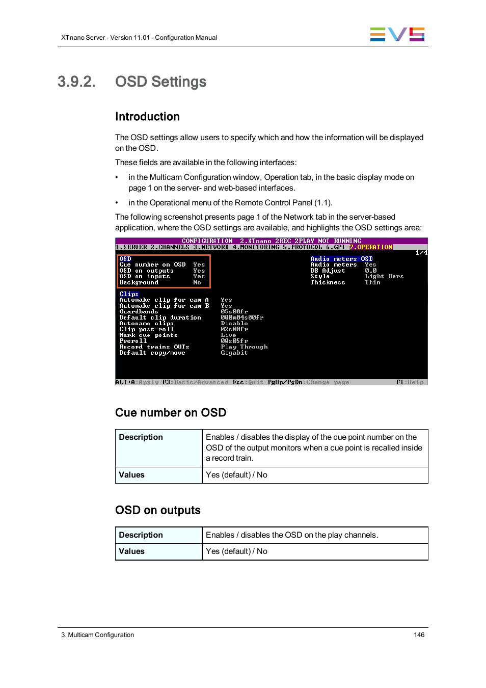 Osd settings, Introduction, Cue number on osd | Osd on outputs | EVS XTnano Version 11.01 - November 2012 Configuration Manual User Manual | Page 156 / 182