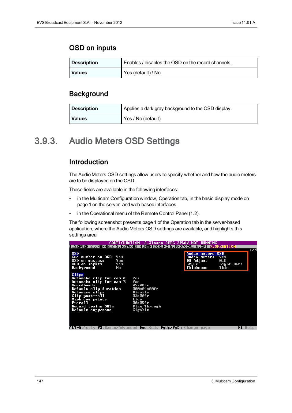 Audio meters osd settings, Osd on inputs, Background | Introduction | EVS XTnano Version 11.01 - November 2012 Configuration Manual User Manual | Page 157 / 182