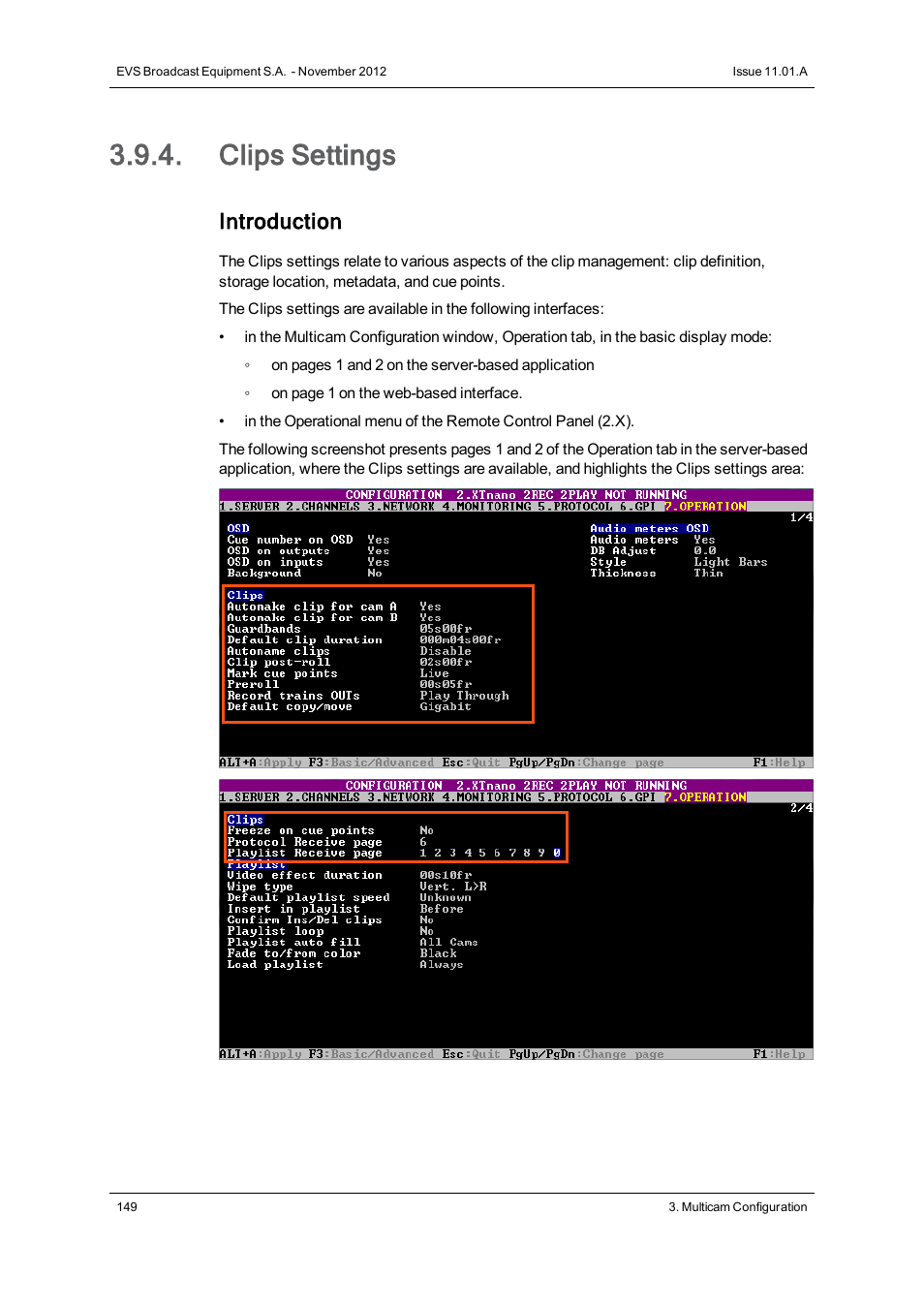 Clips settings, Introduction | EVS XTnano Version 11.01 - November 2012 Configuration Manual User Manual | Page 159 / 182