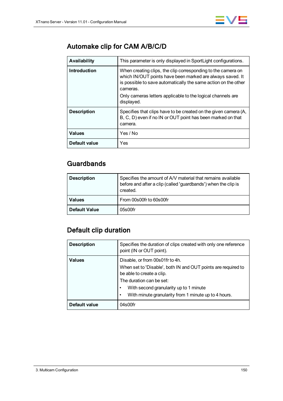 Automake clip for cam a/b/c/d, Guardbands, Default clip duration | EVS XTnano Version 11.01 - November 2012 Configuration Manual User Manual | Page 160 / 182