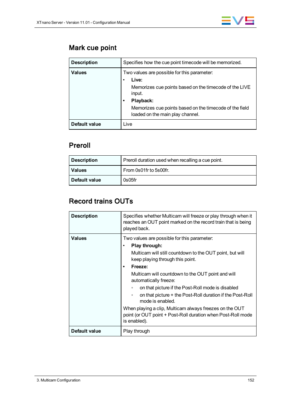 Mark cue point, Preroll, Record trains outs | EVS XTnano Version 11.01 - November 2012 Configuration Manual User Manual | Page 162 / 182