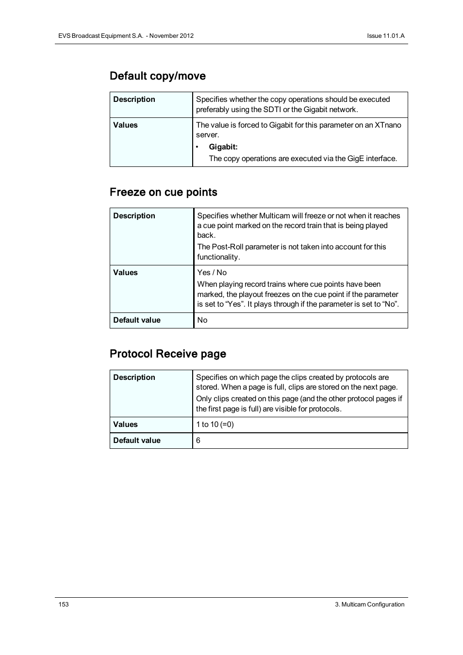 Default copy/move, Freeze on cue points, Protocol receive page | EVS XTnano Version 11.01 - November 2012 Configuration Manual User Manual | Page 163 / 182