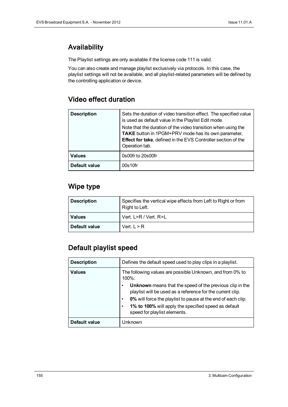Availability, Video effect duration, Wipe type | Default playlist speed | EVS XTnano Version 11.01 - November 2012 Configuration Manual User Manual | Page 165 / 182