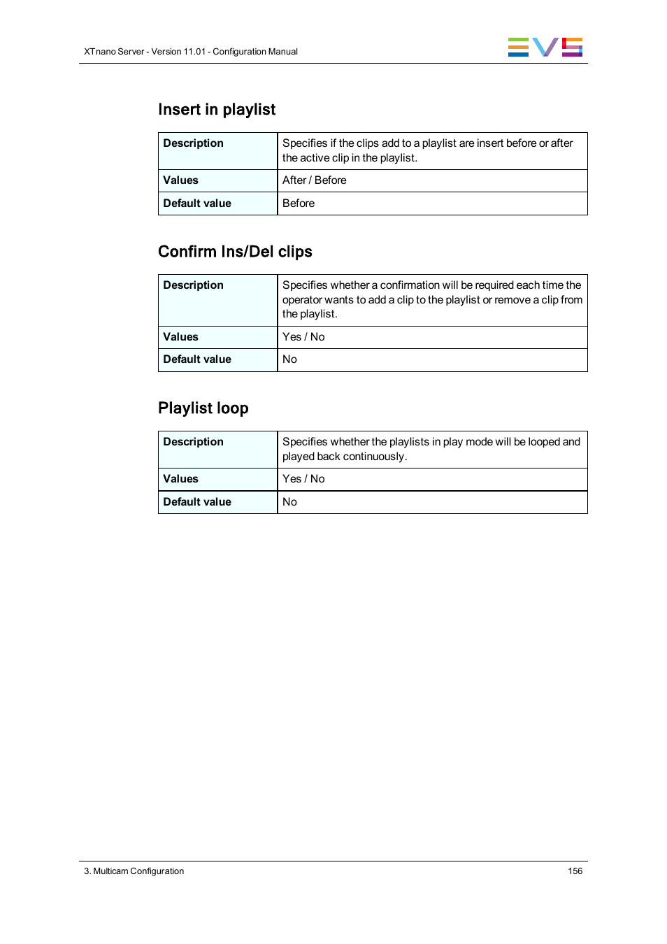 Insert in playlist, Confirm ins/del clips, Playlist loop | EVS XTnano Version 11.01 - November 2012 Configuration Manual User Manual | Page 166 / 182