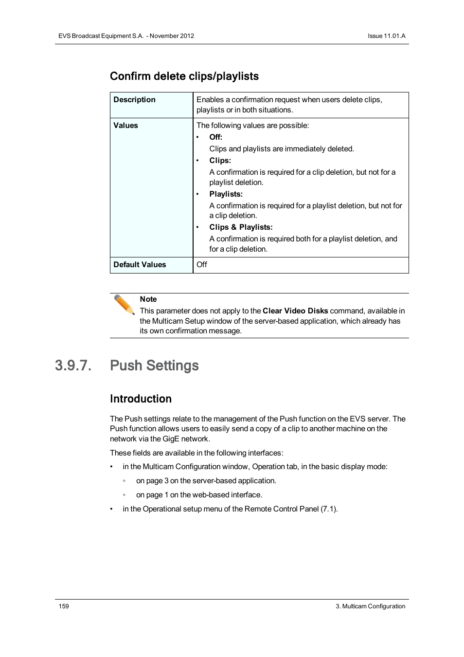 Push settings, Confirm delete clips/playlists, Introduction | EVS XTnano Version 11.01 - November 2012 Configuration Manual User Manual | Page 169 / 182