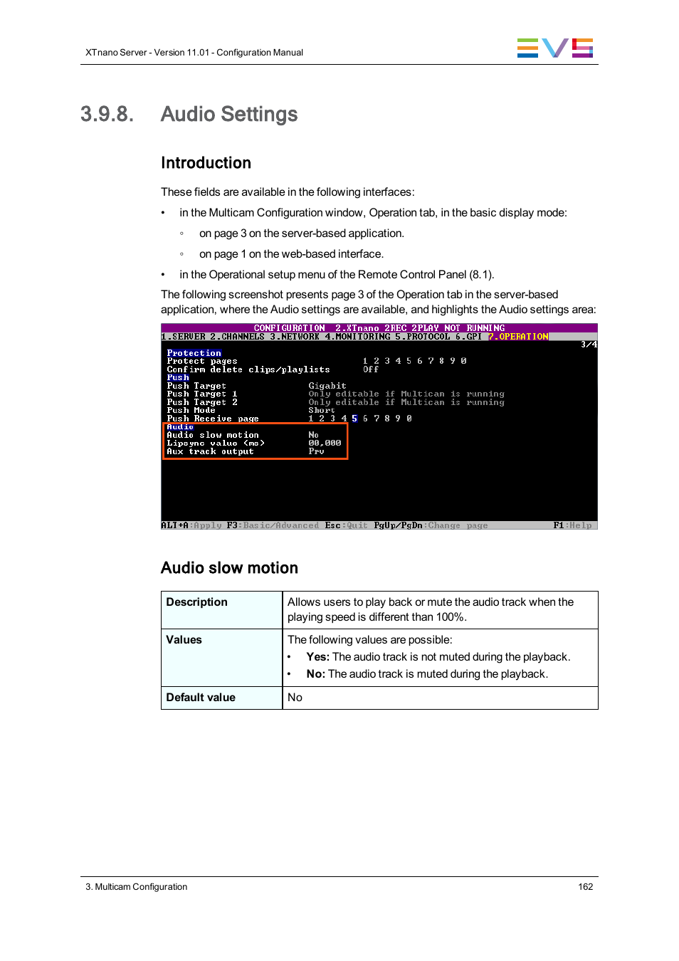 Audio settings, Introduction, Audio slow motion | EVS XTnano Version 11.01 - November 2012 Configuration Manual User Manual | Page 172 / 182