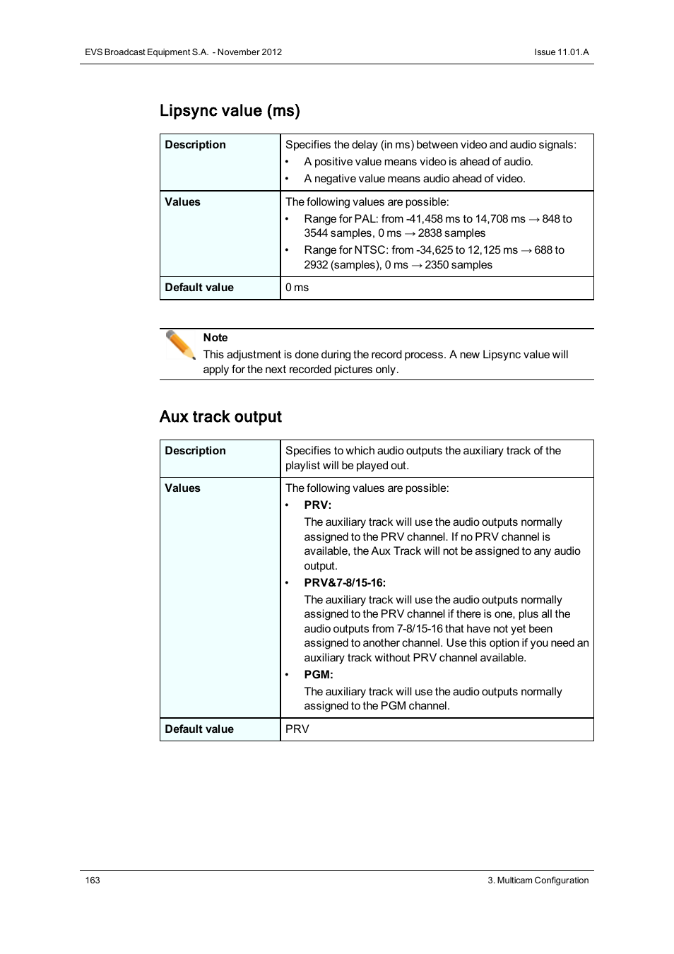 Lipsync value (ms), Aux track output | EVS XTnano Version 11.01 - November 2012 Configuration Manual User Manual | Page 173 / 182