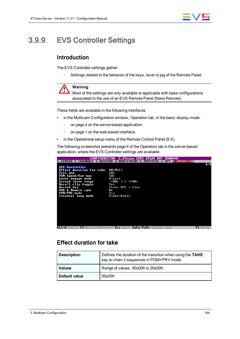 Evs controller settings, Controller settings, Introduction | Effect duration for take | EVS XTnano Version 11.01 - November 2012 Configuration Manual User Manual | Page 174 / 182