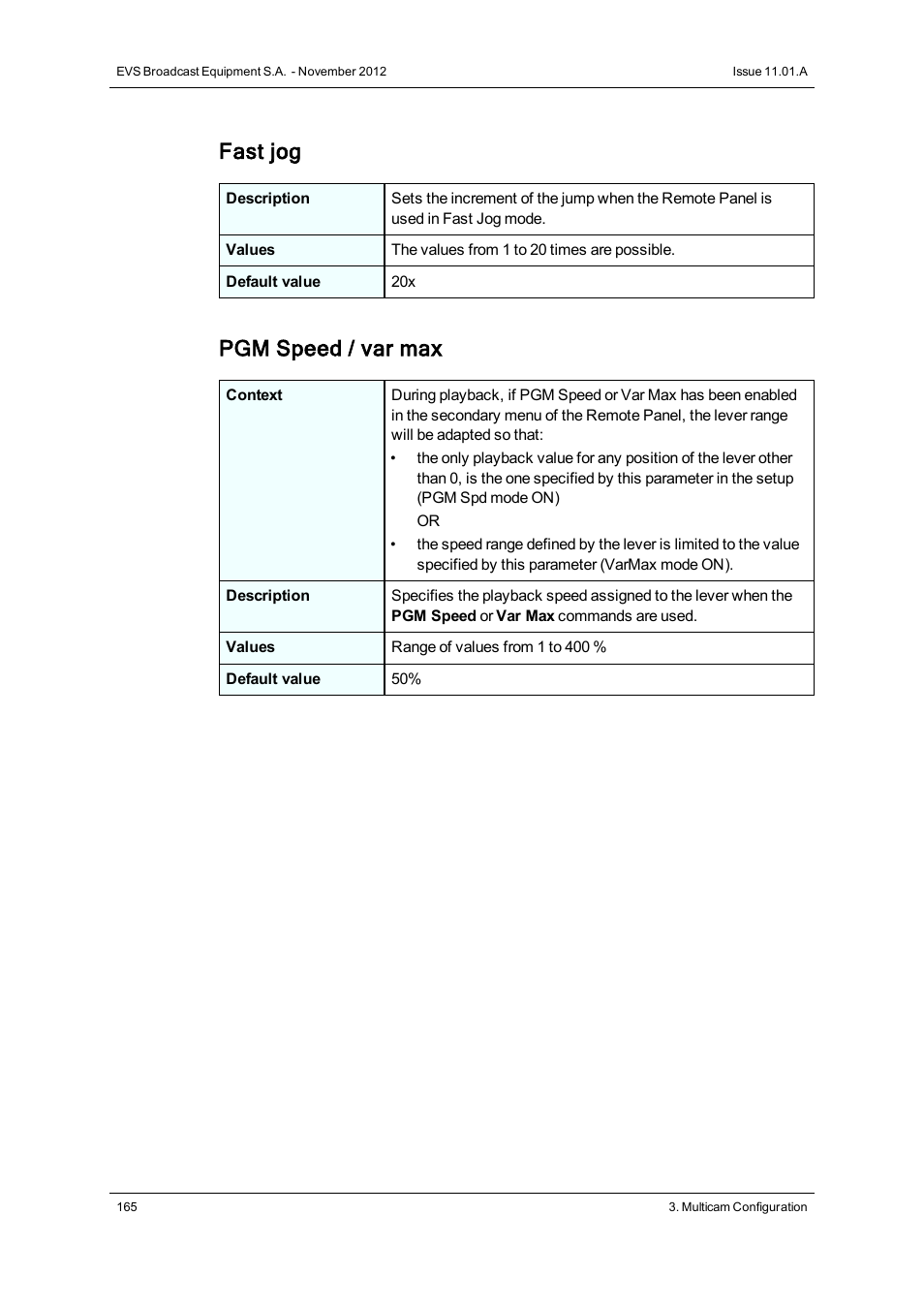 Fast jog, Pgm speed / var max | EVS XTnano Version 11.01 - November 2012 Configuration Manual User Manual | Page 175 / 182