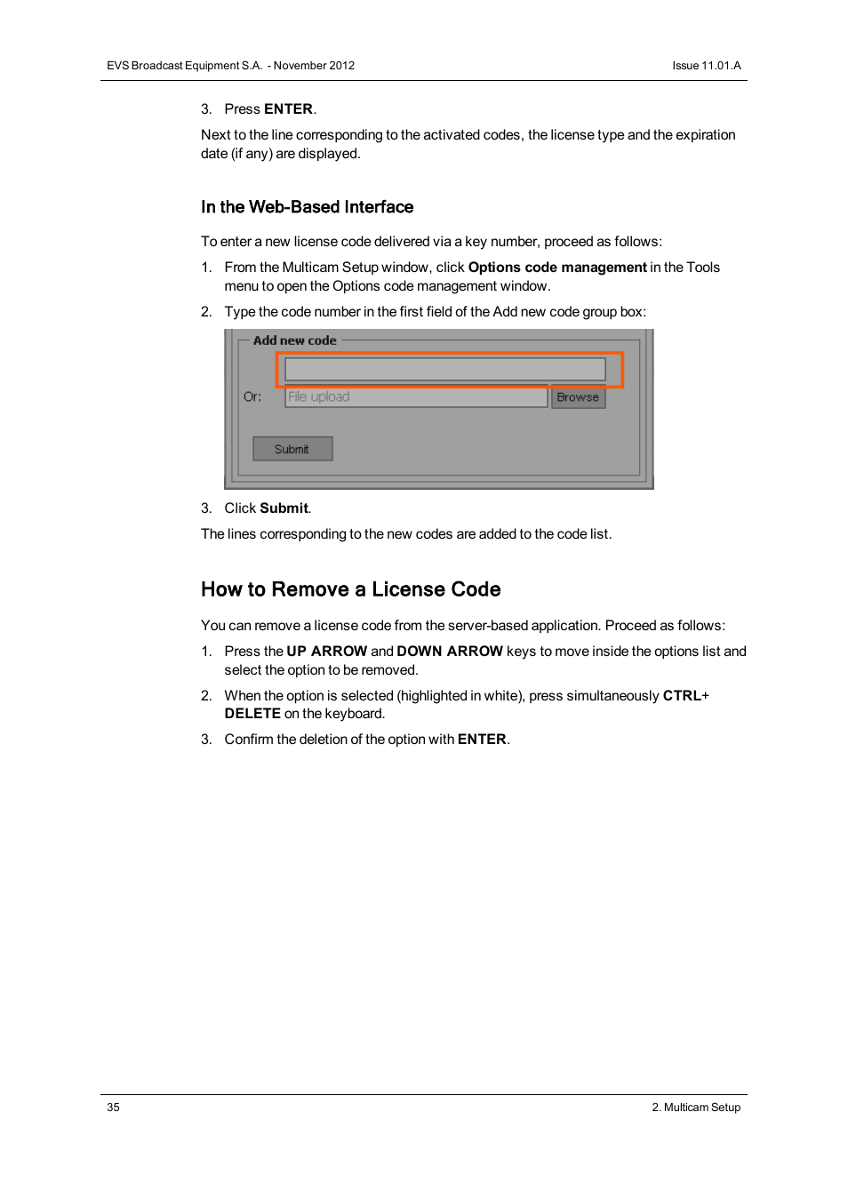 How to remove a license code | EVS XTnano Version 11.01 - November 2012 Configuration Manual User Manual | Page 45 / 182