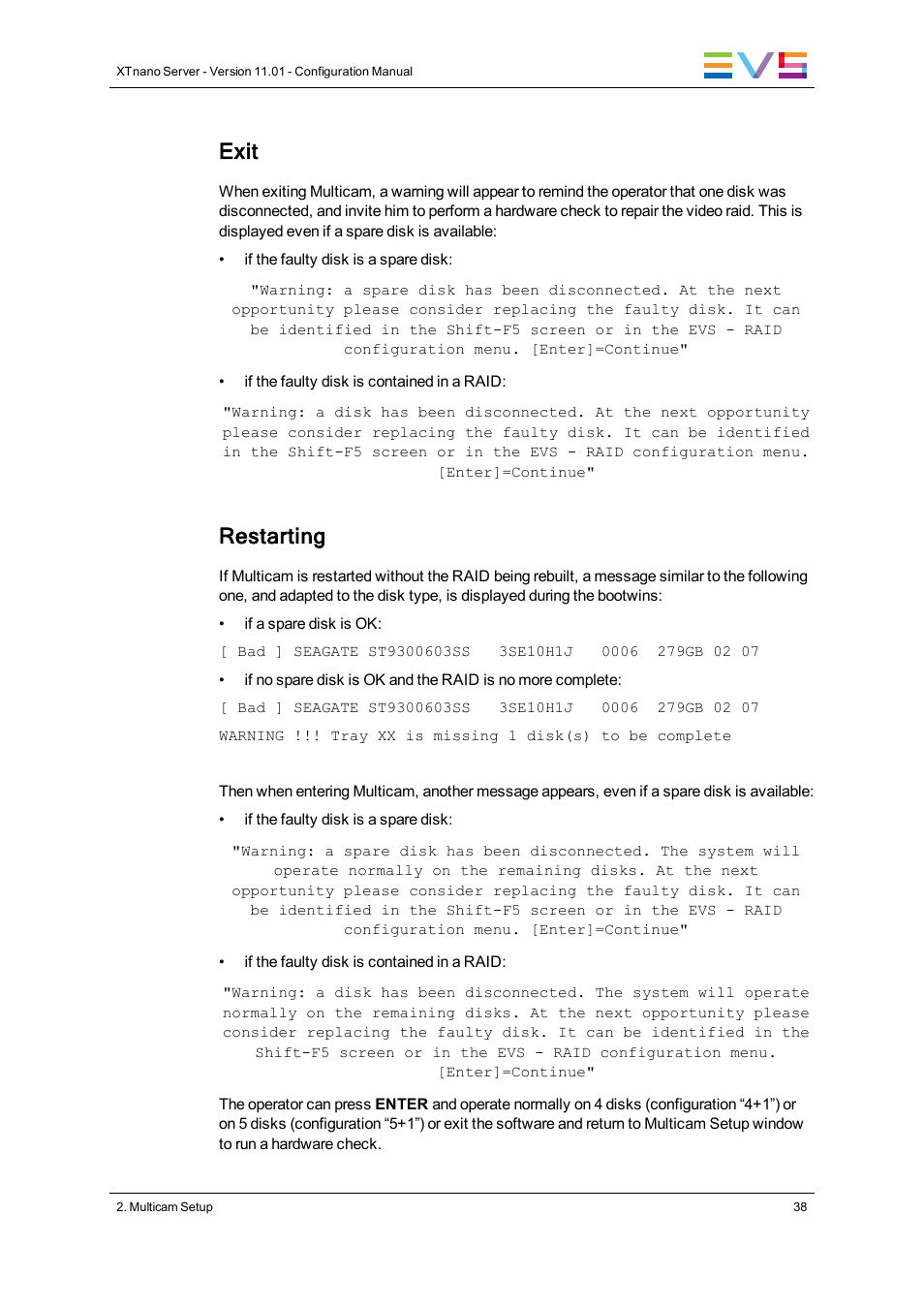 Exit, Restarting | EVS XTnano Version 11.01 - November 2012 Configuration Manual User Manual | Page 48 / 182