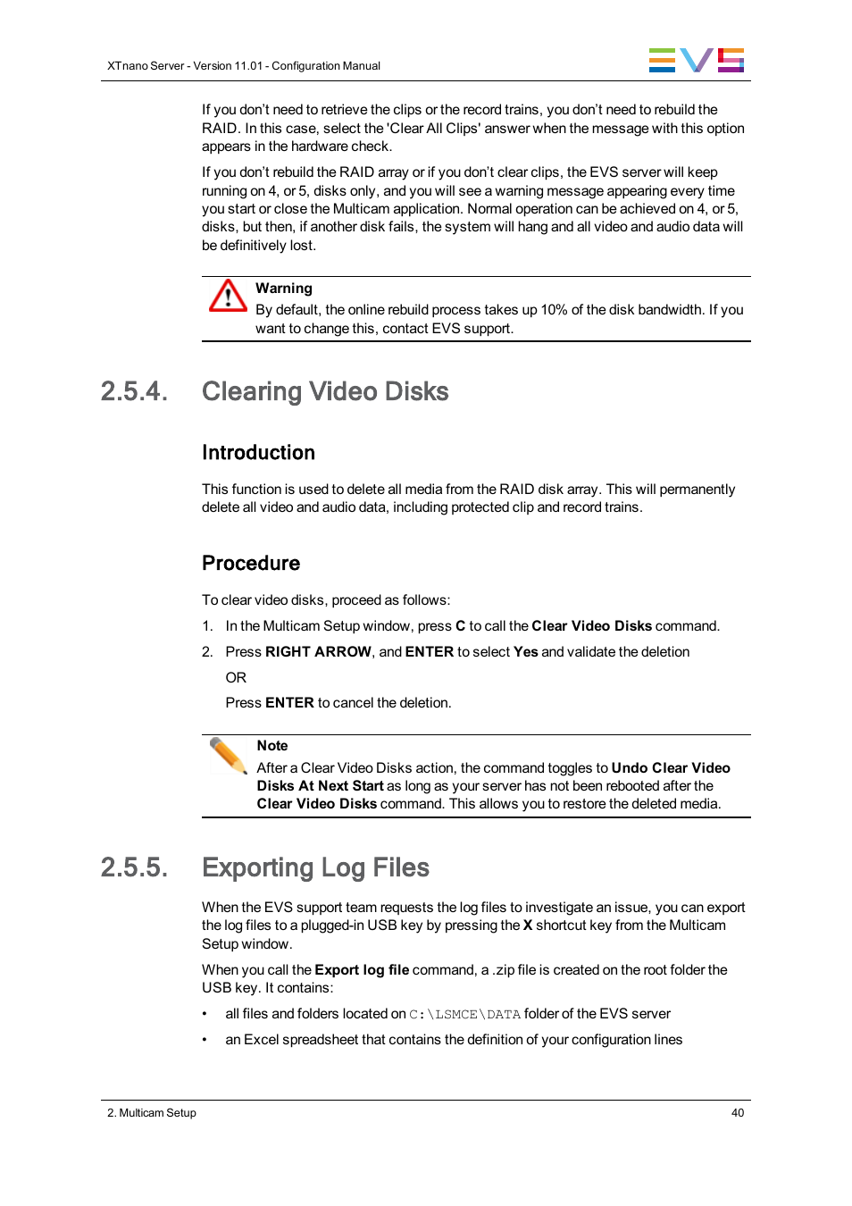 Clearing video disks, Exporting log files, Export log files | Clear video disks, Introduction, Procedure | EVS XTnano Version 11.01 - November 2012 Configuration Manual User Manual | Page 50 / 182