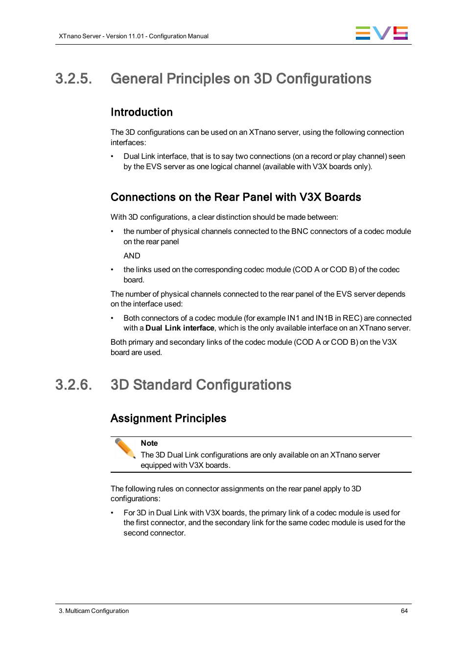 General principles on 3d configurations, 3d standard configurations, Introduction | Connections on the rear panel with v3x boards, Assignment principles | EVS XTnano Version 11.01 - November 2012 Configuration Manual User Manual | Page 74 / 182