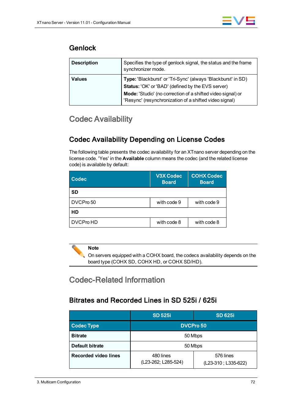 Codec availability, Codec-related information, Genlock | Codec availability depending on license codes | EVS XTnano Version 11.01 - November 2012 Configuration Manual User Manual | Page 82 / 182