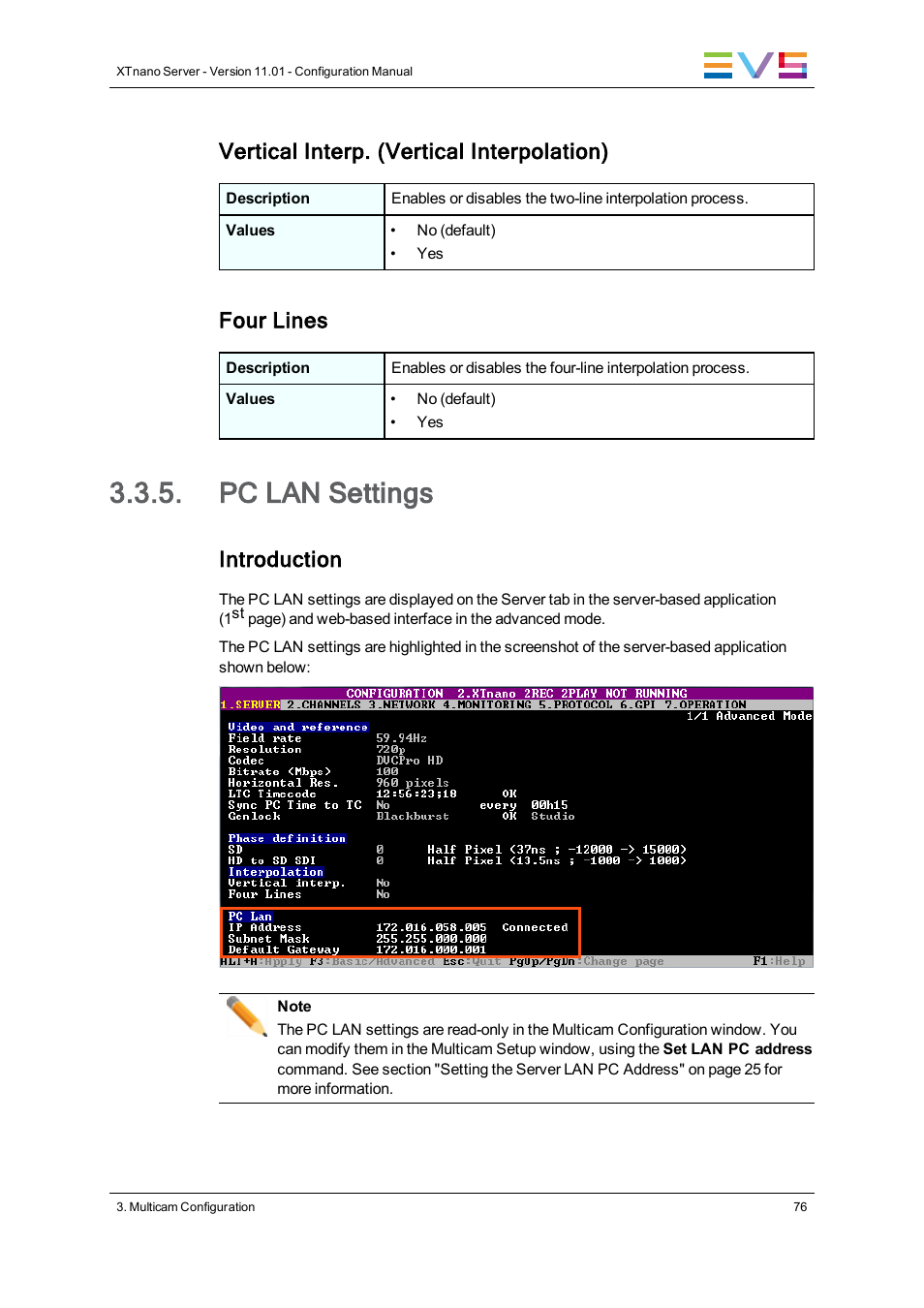 Pc lan settings, Vertical interp. (vertical interpolation), Four lines | Introduction | EVS XTnano Version 11.01 - November 2012 Configuration Manual User Manual | Page 86 / 182
