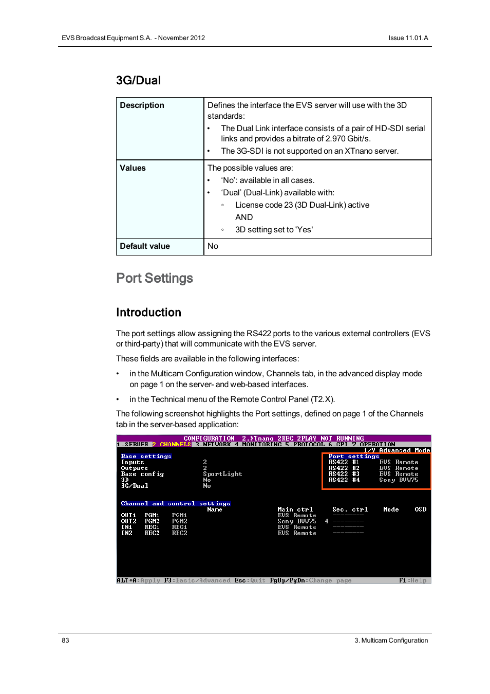 Port settings, 3g/dual, Introduction | EVS XTnano Version 11.01 - November 2012 Configuration Manual User Manual | Page 93 / 182