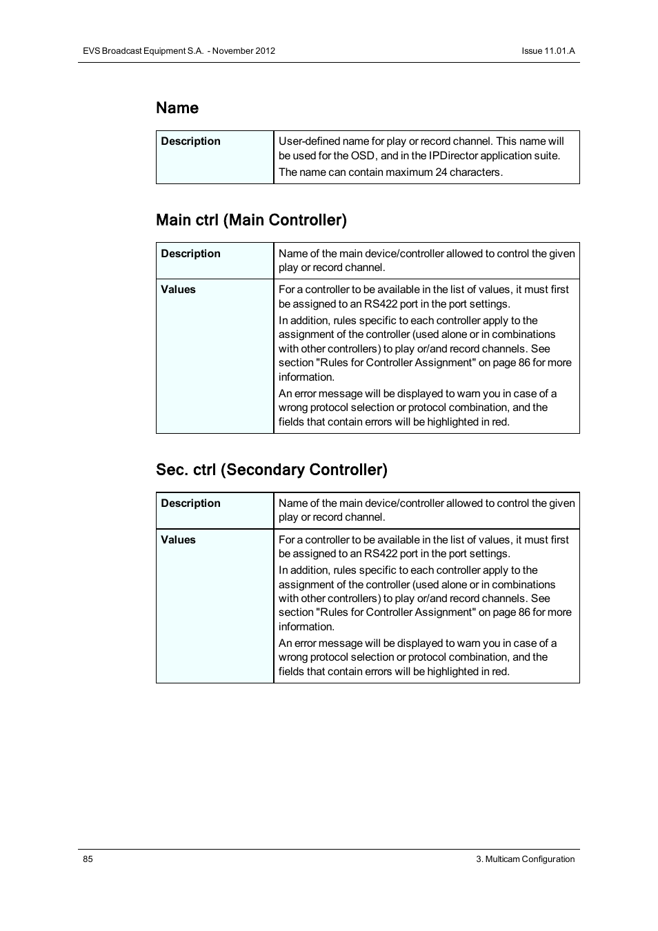 Name, Main ctrl (main controller), Sec. ctrl (secondary controller) | EVS XTnano Version 11.01 - November 2012 Configuration Manual User Manual | Page 95 / 182