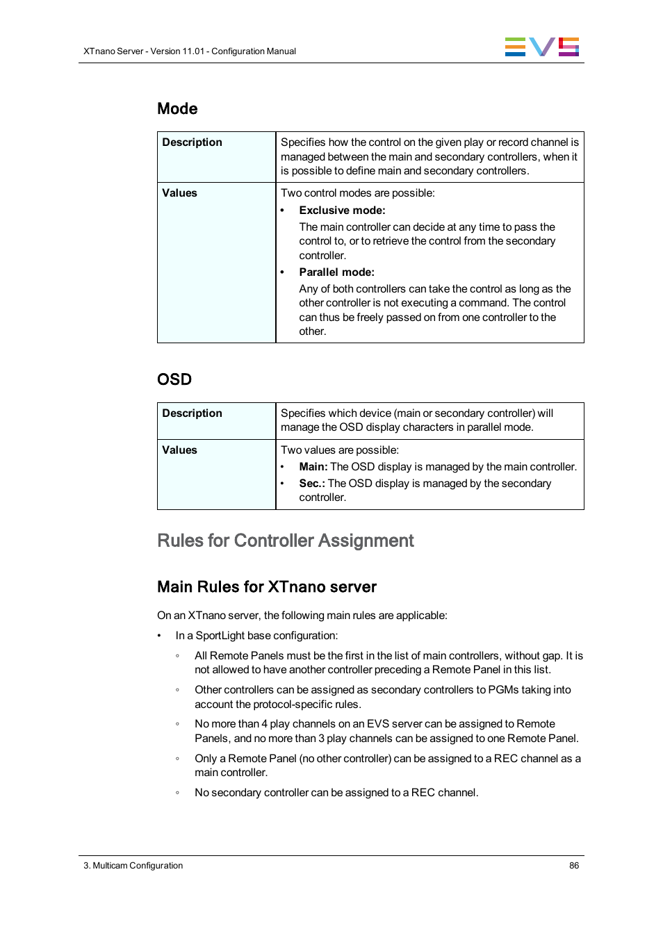 Rules for controller assignment, Mode, Main rules for xtnano server | EVS XTnano Version 11.01 - November 2012 Configuration Manual User Manual | Page 96 / 182