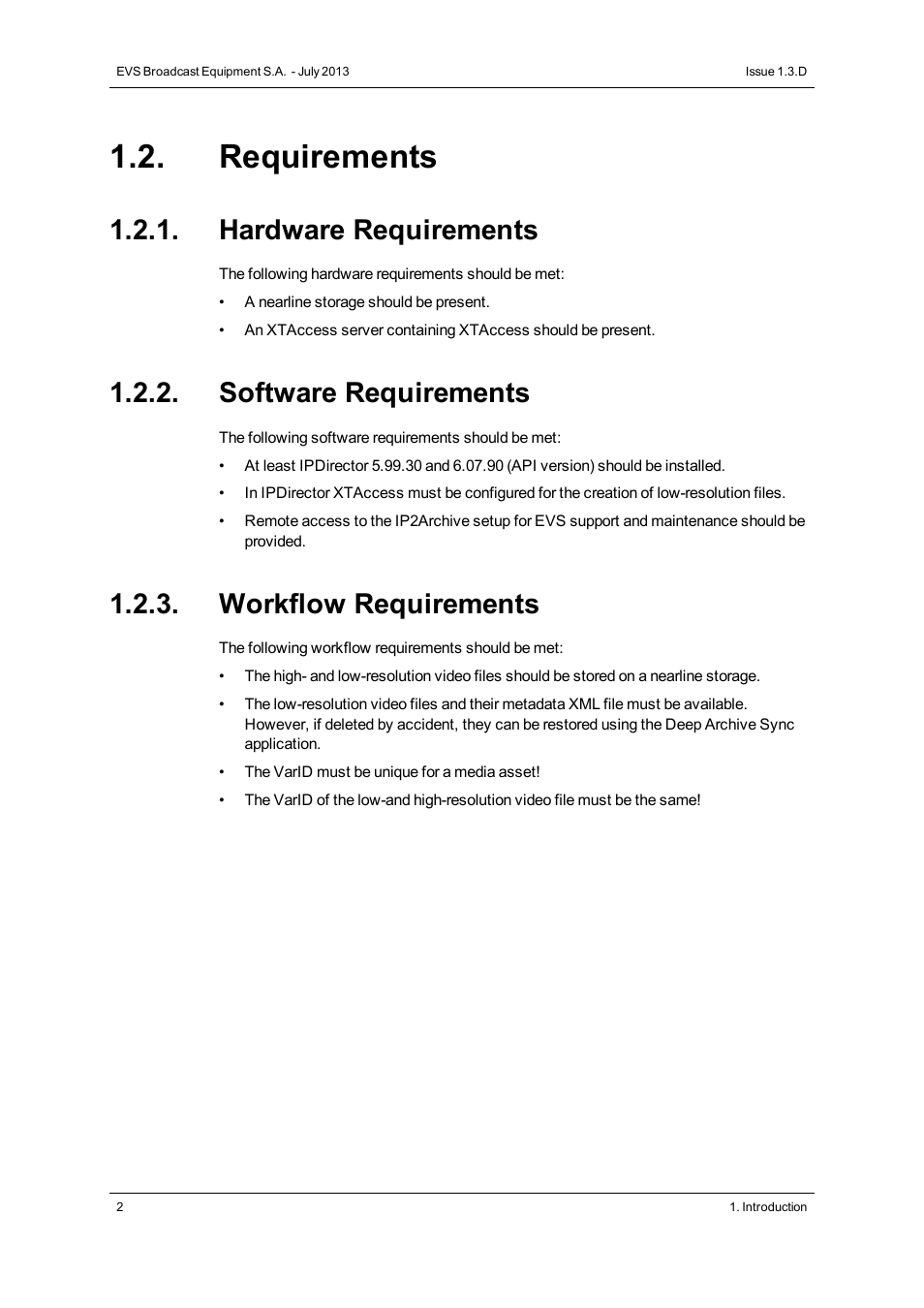 Requirements, Hardware requirements, Software requirements | Workflow requirements | EVS IP2Archive Version 1.3 - July 2013 User Manual User Manual | Page 10 / 35