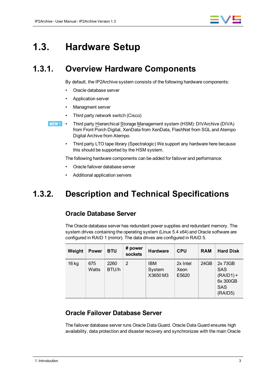Hardware setup, Overview hardware components, Description and technical specifications | Oracle database server, Oracle failover database server | EVS IP2Archive Version 1.3 - July 2013 User Manual User Manual | Page 11 / 35