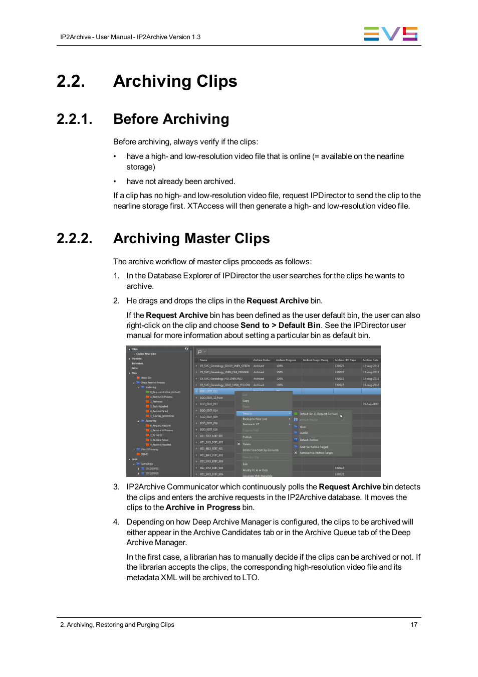Archiving clips, Before archiving, Archiving master clips | EVS IP2Archive Version 1.3 - July 2013 User Manual User Manual | Page 25 / 35
