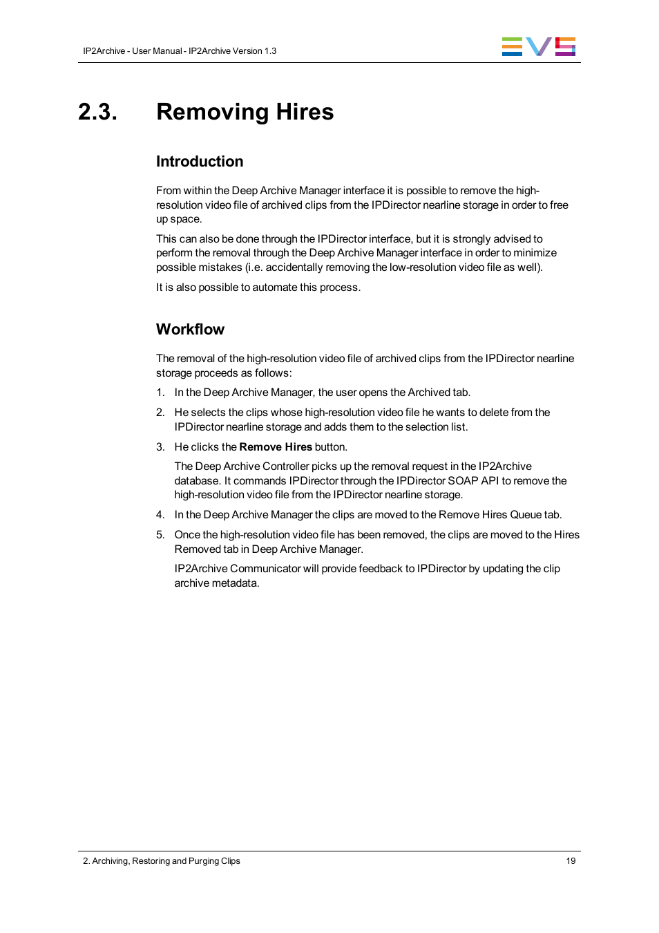 Removing hires, Introduction, Workflow | EVS IP2Archive Version 1.3 - July 2013 User Manual User Manual | Page 27 / 35