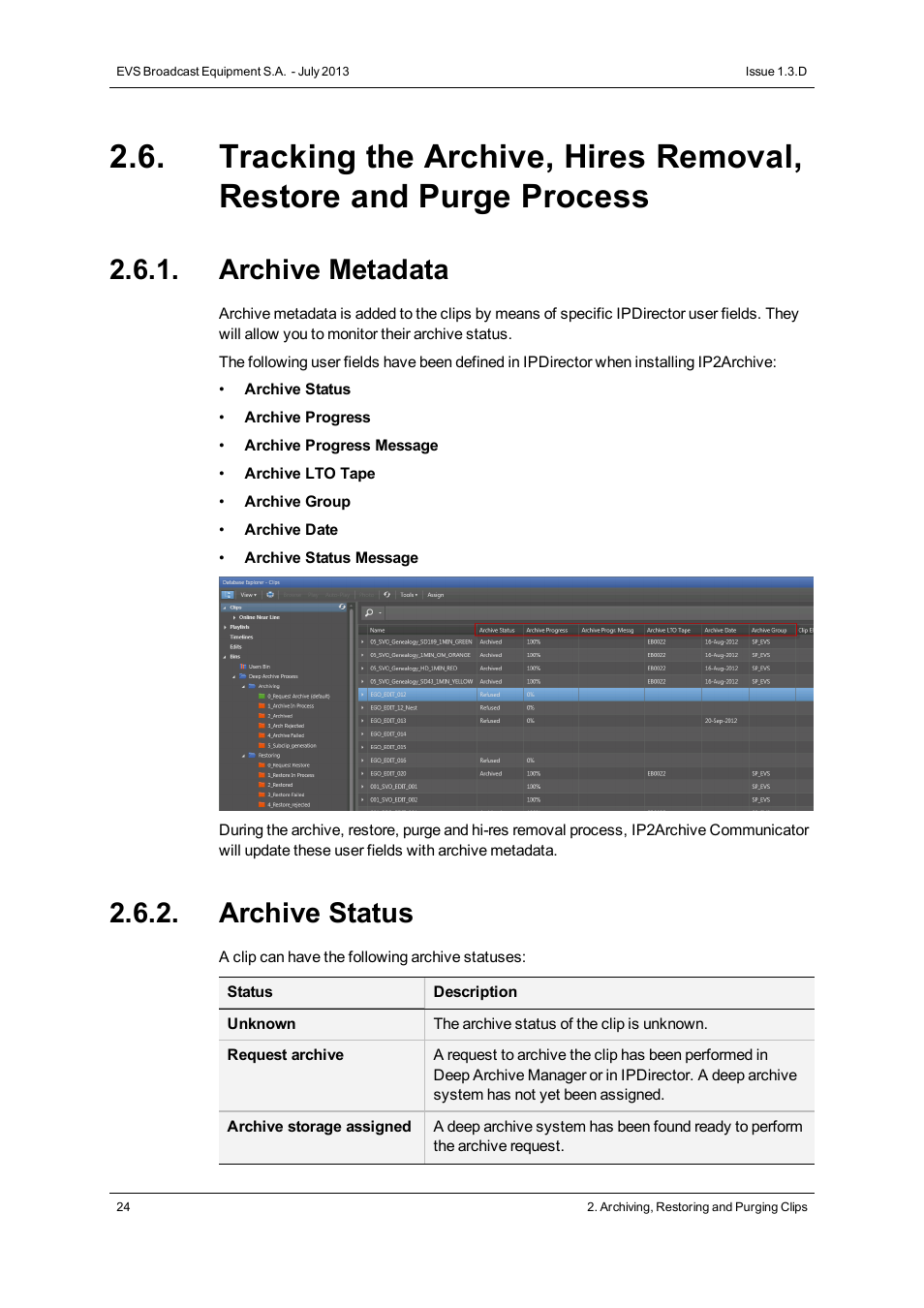 Archive metadata, Archive status | EVS IP2Archive Version 1.3 - July 2013 User Manual User Manual | Page 32 / 35